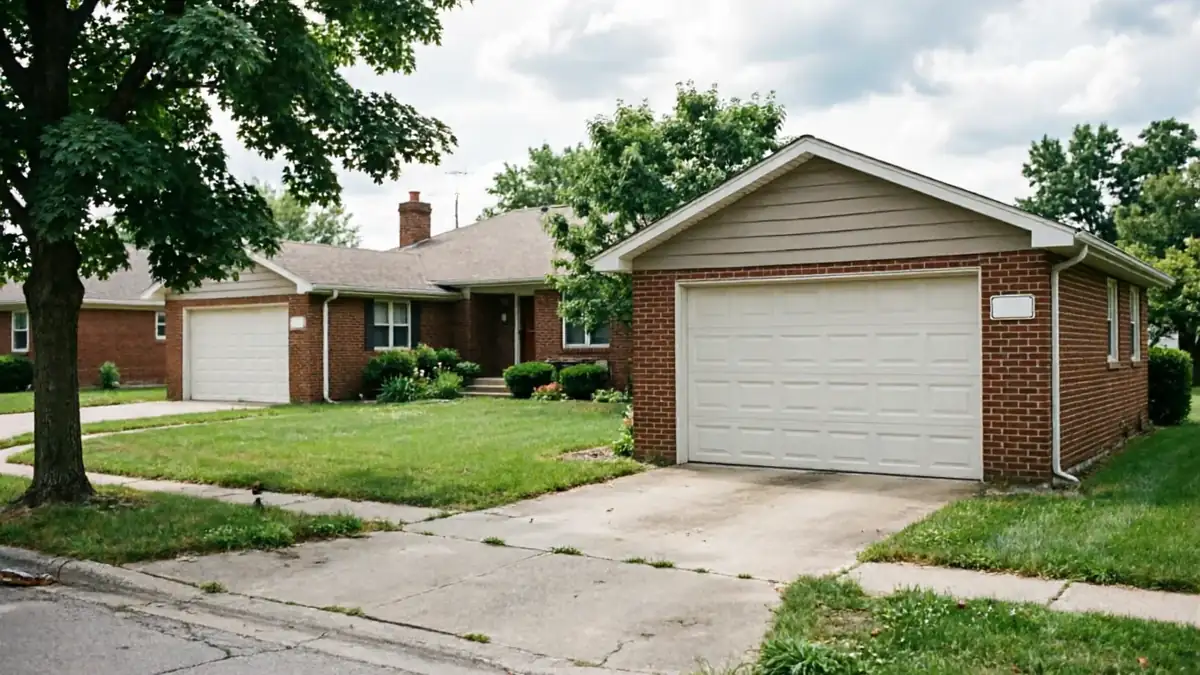 A detached garage with a white garage door sits next to a brick house.