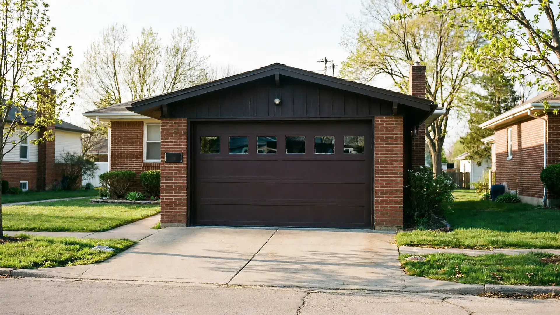 A brown garage door with windows on a brick house.