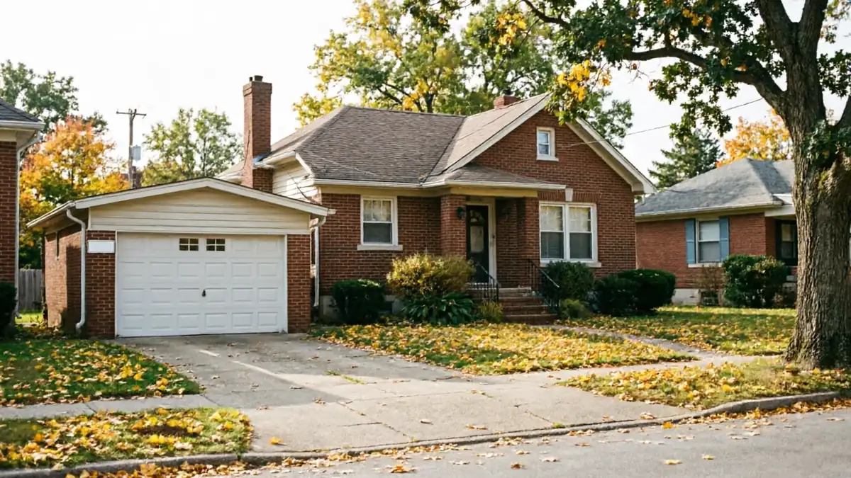 A white garage door is attached to a brick house with a brown roof.