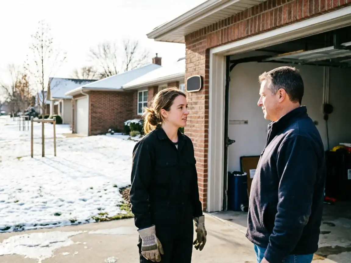 A technician talks to a man in front of an open garage door in winter.