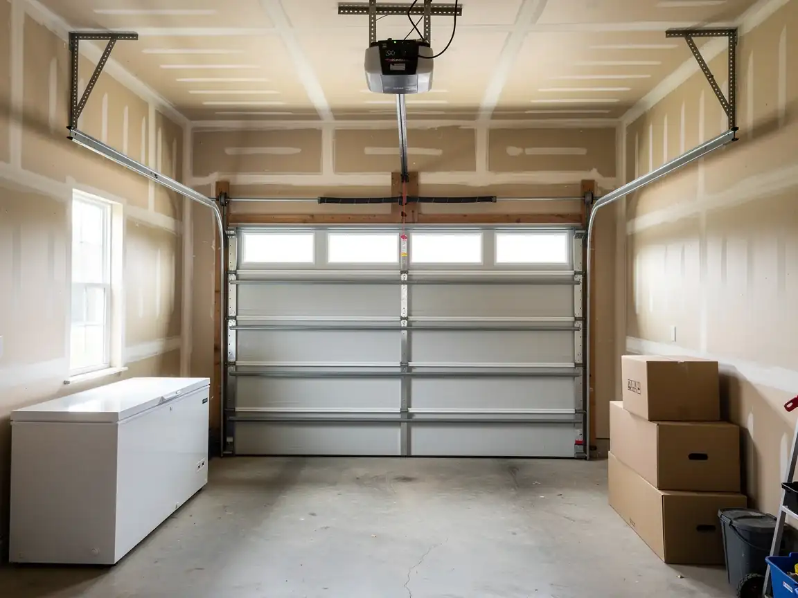 A white garage door with windows is closed in a garage with a chest freezer.