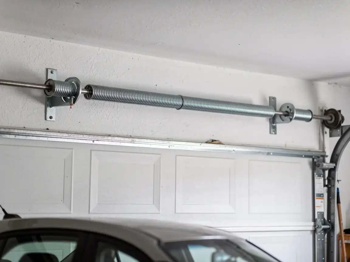 A torsion spring is mounted above a white garage door.