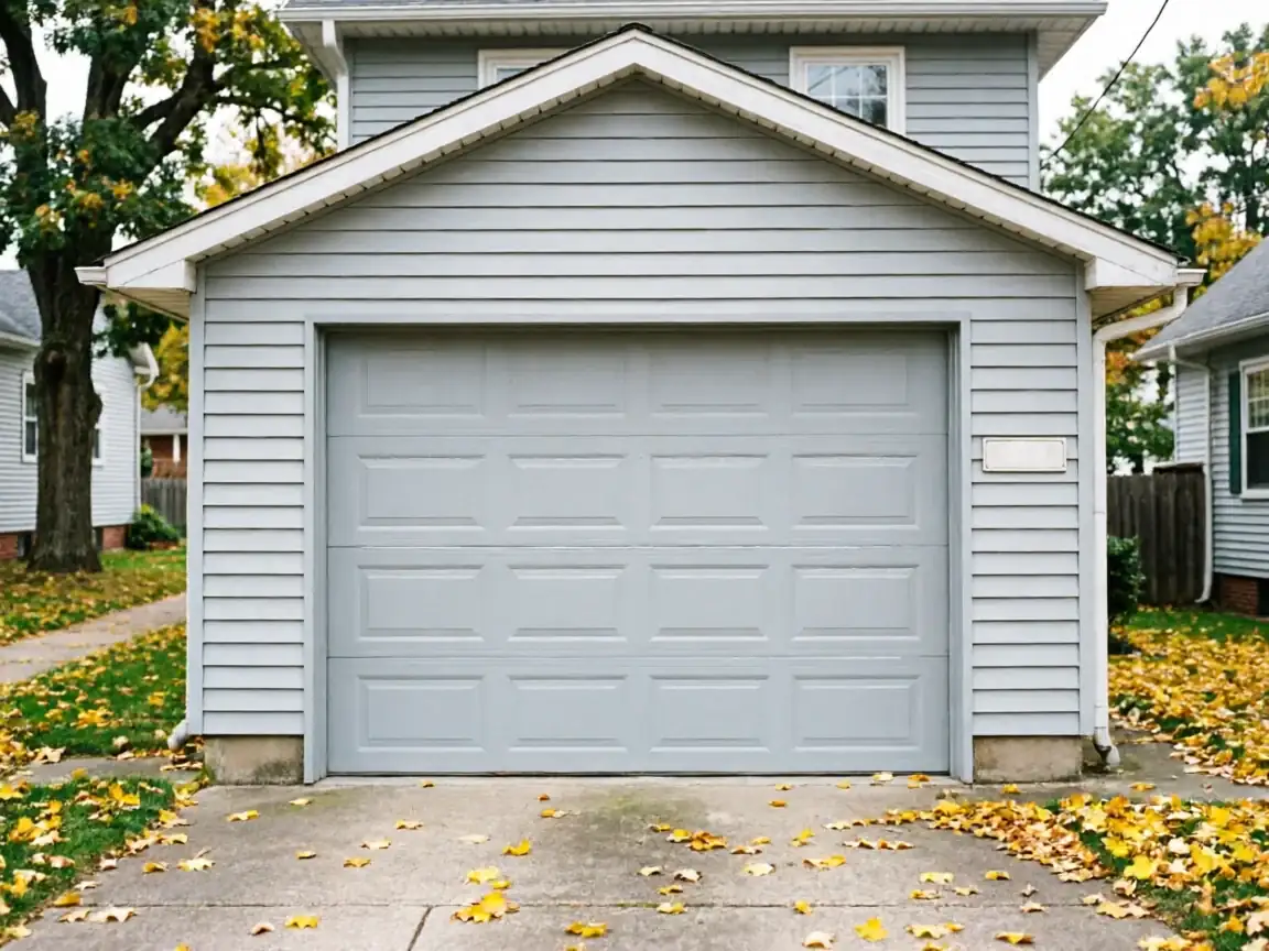 A light gray garage door on a house with light gray siding.