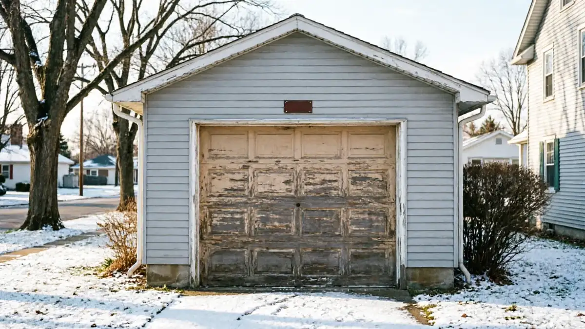 A detached garage with peeling paint on the garage door and light snow on the ground.