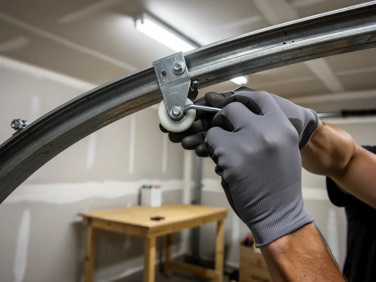 A technician wearing gloves installs a garage door roller into a curved track.