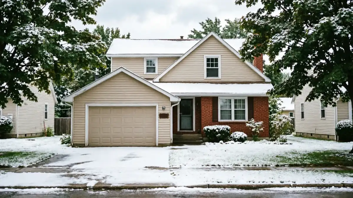A beige house with a garage door and a red brick facade is covered in snow.